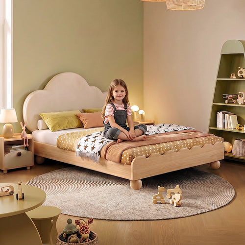 jeek Cream Style Real Leather Wood Soft Pack Childrens Bed 2026 New Boys Girls Bedroom Cloud Single Bed image 1